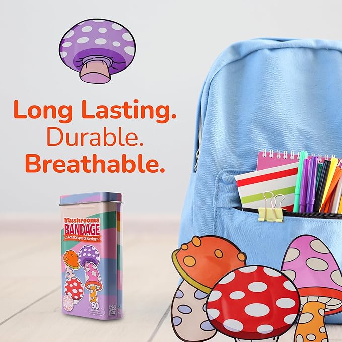 BioSwiss Bandages, Mushroom Shaped Self Adhesive Bandage, Latex Free Sterile Wound Care, Fun First Aid Kit Supplies for Kids and Adults, 50 Count