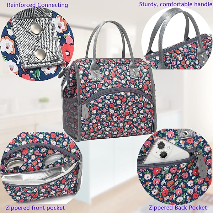 FlowFly Insulated Lunch Bag for Women, Men, Large and Reusable, Handle, Work and Travel Tote and Meal Prep Organizer, Floral
