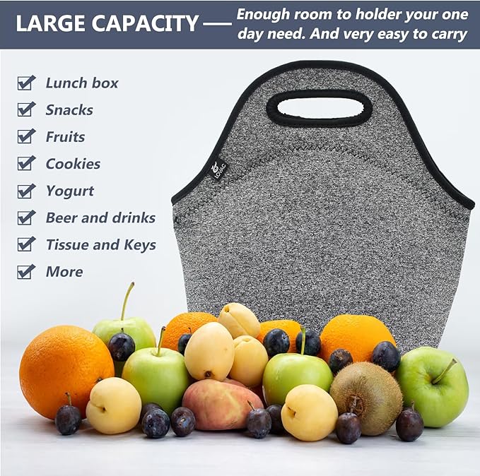 LOVAC Insulated Neoprene Lunch Bag for Men,Reusable Lunch Tote,Durable and Waterproof Lunch Bags,Soft and Lightweight (Black-Grey)