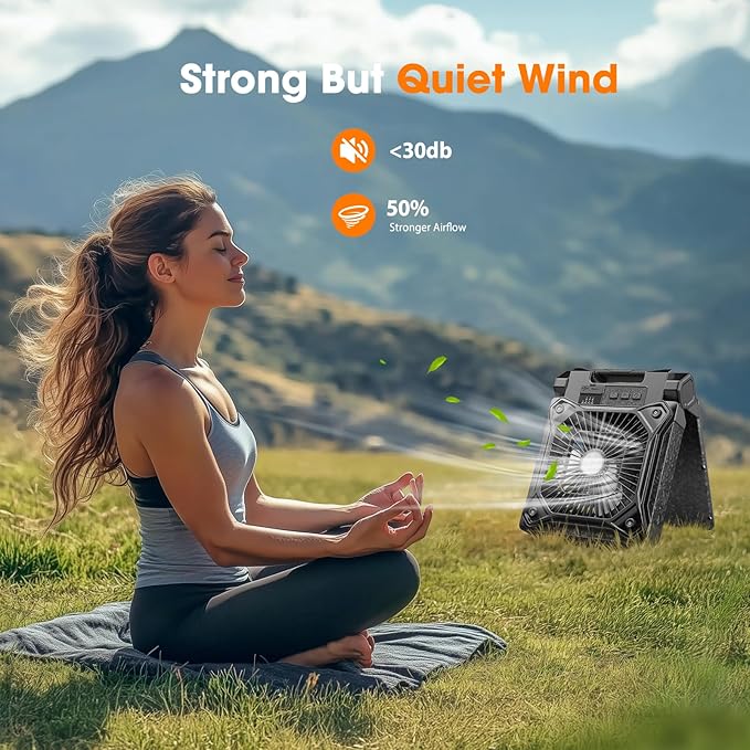 Solar Camping Fan with LED Lantern, 20000mAh Rechargeable Battery Powered with 10W Solar Panel and Emergency Power Bank, Quiet Battery Operated Tent Fan for Picnic, Barbecue, Fishing, Travel