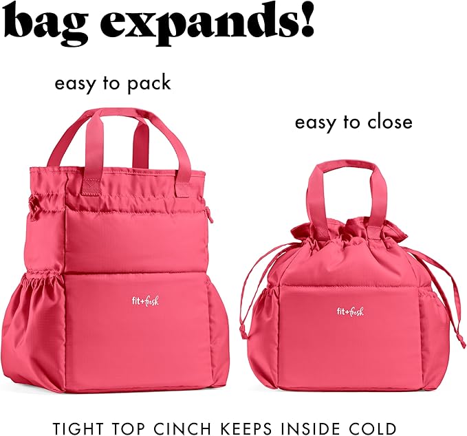Fit & Fresh Lunch Bag For Women, Insulated Womens Lunch Bag For Work, Stain-Resistant Large Lunch Box For Women With Containers, Cinch Closure Cromwell Bag, Watermelon Pink