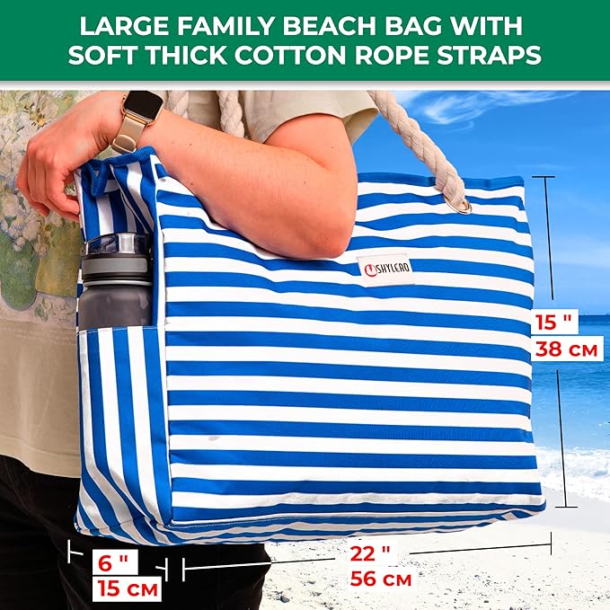 SHYLERO Beach Bag and Pool Bag. Has Airtight Pouch, Ton of Pockets. Beach Tote is Zippered, Water Resistant. Family Size