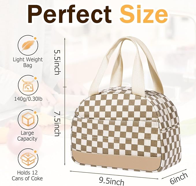 Lunch Box Lunch Bag for Women Men, Leakproof, Insulated Lunch Box Tote with Large Capacity, Lunch Container for Work/Office (Corduroy Khaki Grid)