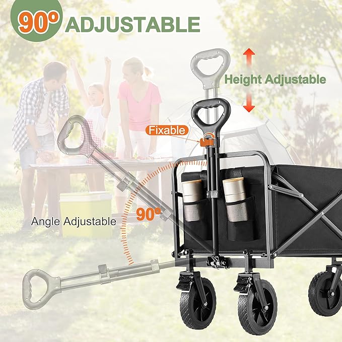 Collapsible Folding Wagon Cart with All-Terrain Wheels, Foldable Lightweight Utility Cart with Adjustable Handle, Portable Grocery Shopping Cart on Wheels for Beach, Garden, Camping, Sports, Black