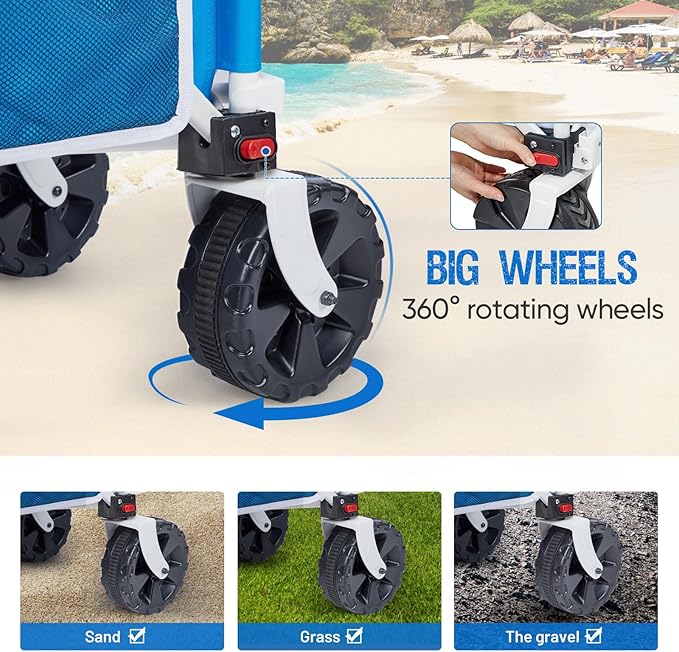 300lbs Extra Long 49" L Beach Wagon with Big Wheels for Sand, Collapsible Utility Beach Cart Heavy Duty Folding Wagon,Ideal for Outdoor Sand Camping Garden Pet