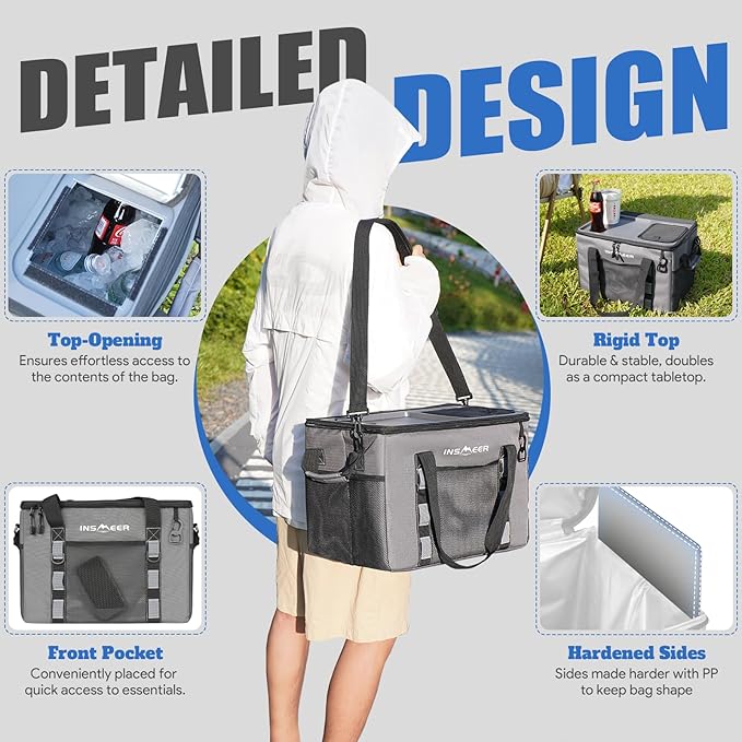 INSMEER Soft Cooler Bag with Hard Shell & 2 Cup Holders, Portable 40L/70 Cans Collapsible Cooler Bags Insulated with Leakproof for Travel, ice chests and Cooler Lunch Box for Beach Camping Picnic