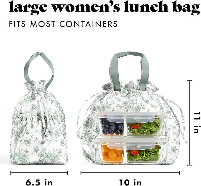 Fit & Fresh Lunch Bag For Women, Insulated Womens Lunch Bag For Work, Stain-Resistant Large Lunch Box For Women With Containers, Cinch Closure Cromwell Bag, Sage Floral Toile
