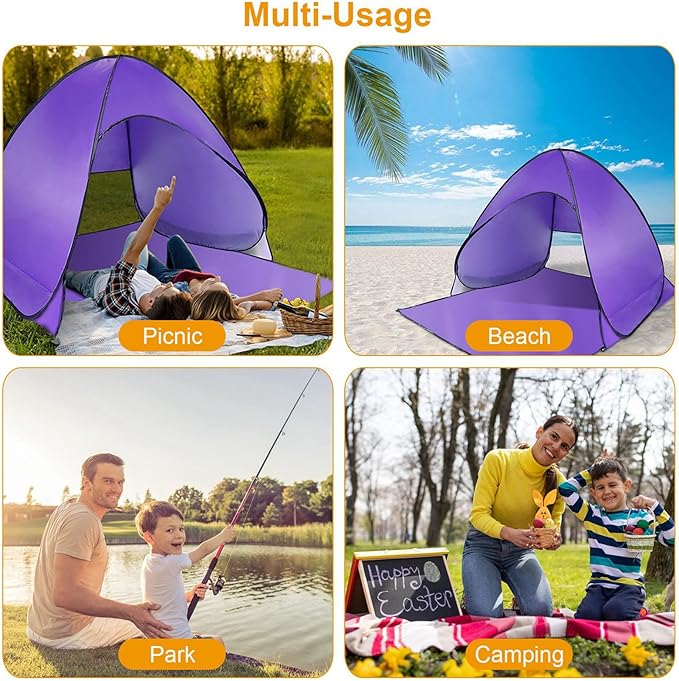 Pop Up Beach Tent for 2-3 Person, UPF50+ Anti-UV Sun Shelter w/Storage Bag, Portable Waterproof Instant Sun Shade Canopy for Outdoor Beach Camping Hiking Travel Family, Purple