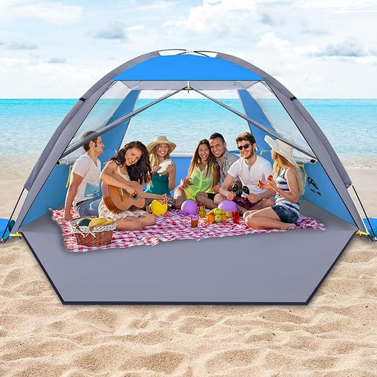 Happy Travel Beach Tent, UPF 50+ UV Protection Sun Shade Shelter for 3/4/5/6/7/8 Person, Portable Beach Canopy for Family & Baby, Lightweight & Easy Setup Beach Cabana with 3 Ventilation Mesh Windows
