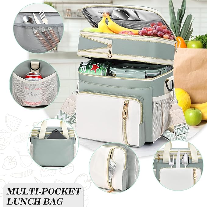 LOKASS Lunch Box for Women-16L-Insulated Lunch Bag Women, Expandable Double-layer Leakproof Cooler Bag with Upgrade Adjustable Shoulder Strap Ideal for Work/Travel/Picnics（Olive Green）