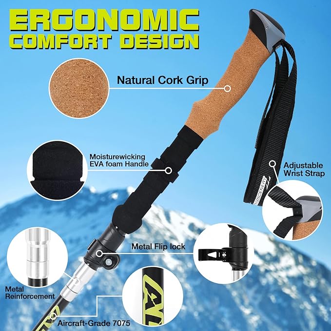 Collapsible Trekking Poles for Hiking-Lightweight Adjustable Walking Sticks with 7075 Aluminum,Anti-Shock,Quick Lock&Cork Grips for Men/Women,Camping,Backpacking,Mountaineering,2 Pcs