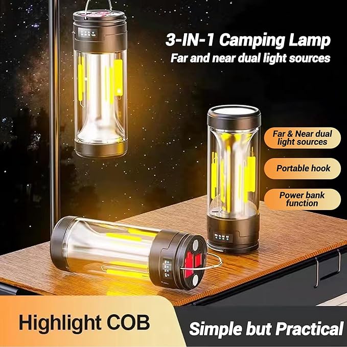 FZH Camp Lantern Rechargeable, Camp Light Flashlight with Magnetic, Power Bank, White/Warm/Red SOS Light Mode for Emergencies, Camping, Hiking,Tent