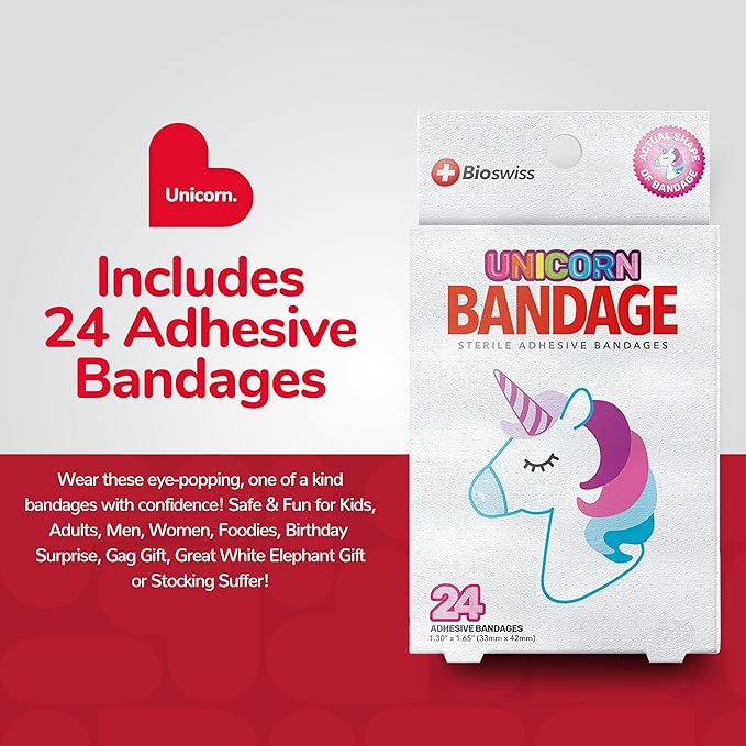BioSwiss Bandages, Unicorn Shaped Self Adhesive Bandage, Latex Free Sterile Wound Care, Fun First Aid Kit Supplies for Kids, 24 Count