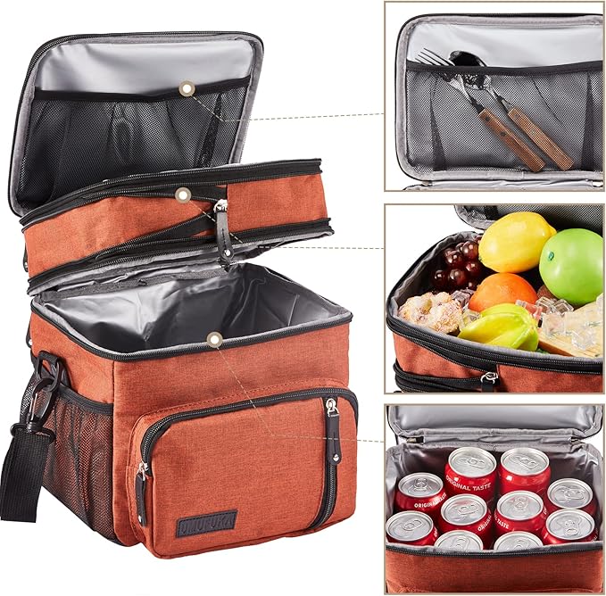 Men's Double/Women's Compartment Lunch bag, Insulated Lunch Cooler Tote 2 Roomy Large Reusable Water-resistant Lunch box (Orange)