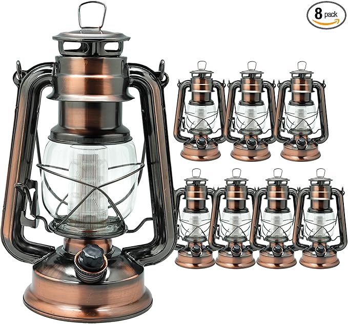 YAKii LED Vintage Lantern Metal Hanging Hurricane 12 LED Dimmer Switch Warm White Battery Operated Lantern Power Outage Indoor Camping Lighting Outdoor Brooklyn Decoration(Copper Pack of 8)
