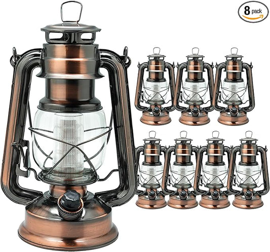 YAKii LED Vintage Lantern Metal Hanging Hurricane 12 LED Dimmer Switch Warm White Battery Operated Lantern Power Outage Indoor Camping Lighting Outdoor Brooklyn Decoration(Copper Pack of 8)
