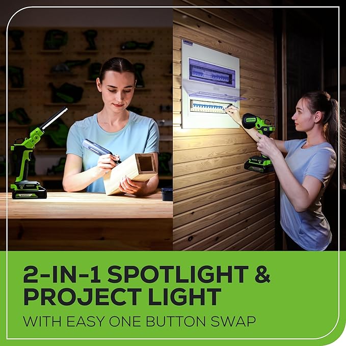 Greenworks 24V 2-in-1 Work Light, Dual Function, (2) Interchangeable Light Heads, 650 Lumen LED, 2.0Ah Battery and Compact Charger Included