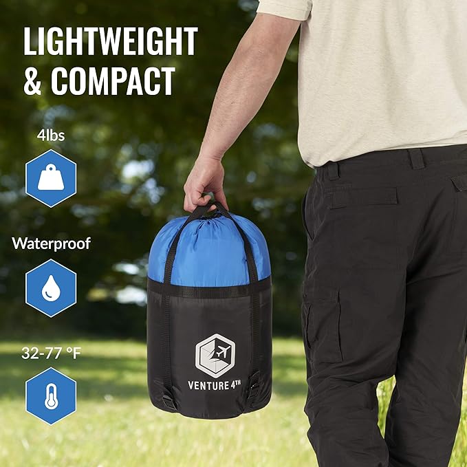 VENTURE 4TH Backpacking Sleeping Bag – XXL, Double and Single Sizes - Lightweight Warm & Cold Weather Sleeping Bags for Adults, Kids & Couples – Ideal for Hiking, Camping & Outdoor Adventures