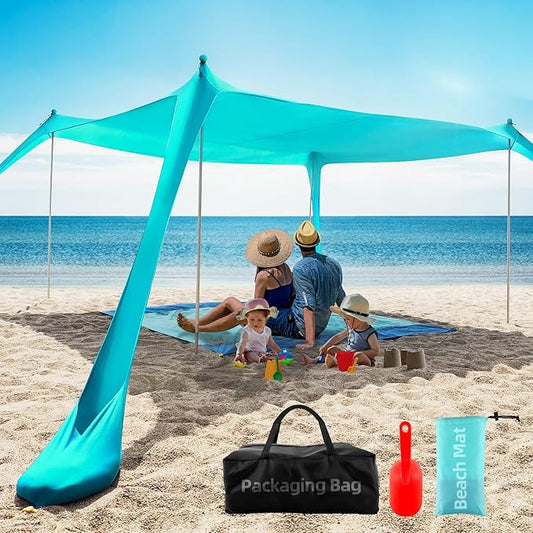 Beach Tent Sun Shelter UPF50+, 10x10 FT Family Beach Shade Canopy with 4 Aluminum Poles, Beach Blanket, Carrying Bag and Sand Shovel, Outdoor Pop Up Tent for Beach Camping Trips
