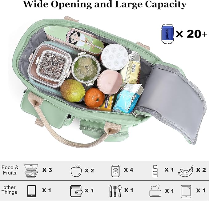 Hafmall Large Insulated Lunch Bag for Women, Leakproof Lunch Box for Men, Wide Opening Lunch Tote Bag with Shoulder Strap, Reusable Adult Lunch Bag For Work, Picnic, Green