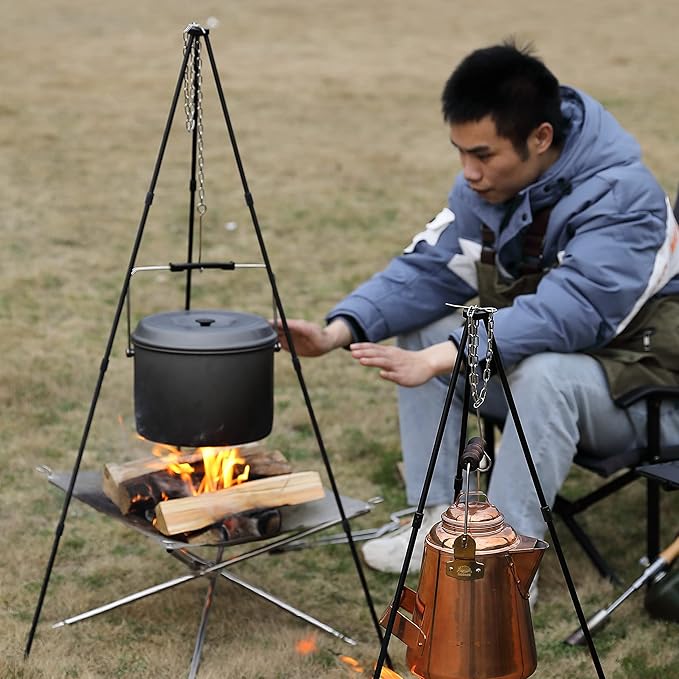 CAMPINGMOON Camping Campfire Tripod with Carrying Bag Portable Lightweight Aluminum 41.3-inch Height Stainless Steel Chain