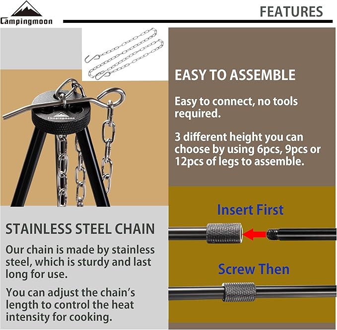 CAMPINGMOON Camping Campfire Tripod with Carrying Bag Portable Lightweight Aluminum 41.3-inch Height Stainless Steel Chain