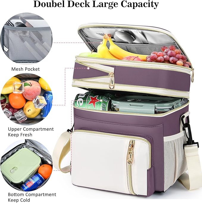 LOKASS Lunch Box for Women, 16L, Double Deck Expandable Insulated Lunch box For Adults/Women Thermal Large Waterproof Leakproof Cooler Bag with Shoulder Strap - Mauve