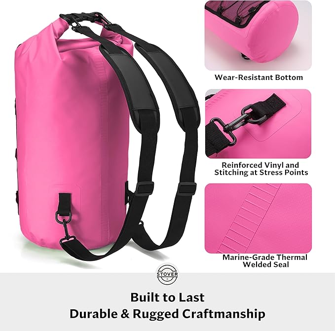 STOVER 5/10/25/30/40/55L Waterproof Dry Backpack & Phone Case- Medium Floating Dry Bag for Kayaking, Travel, Hiking, Fishing, Camping, Motorcycles & Beach, Heavy-Duty Roll Top Men/Women (Pink)