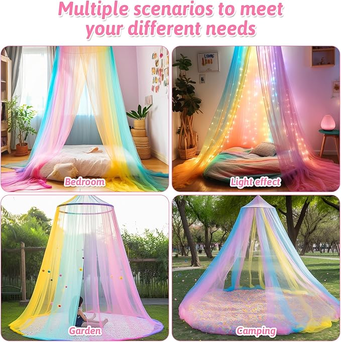Mosquito Net for Bed, Large White Bed Canopy for Girls, Hanging Bed Net, Ideal for Bedroom Decorative, Travel with Storage Bag (Rainbow1)