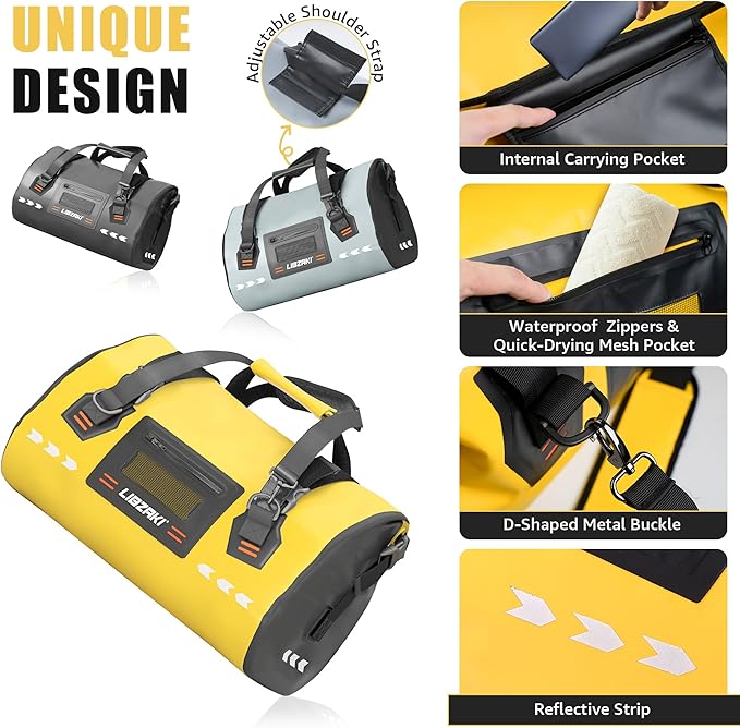 LIBZAKI High-Vis Waterproof Duffel Bag - PVC Rolltop Dry Bag with Locking Straps for Motorcycle Travel, Beach & Emergency Gear 70L Black/Yellow