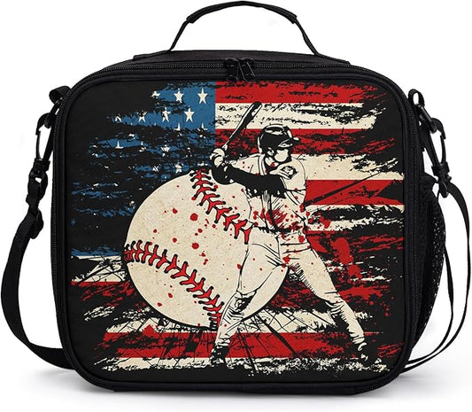 American Flag Baseball Pattern Lunch Bag Sport Baseball Lunch Boxes for Women/Man Office Work Travel School Work Picnic Durable Reusable Insulated Large Lunch Tote Bag with Adjustable Shoulder Strap