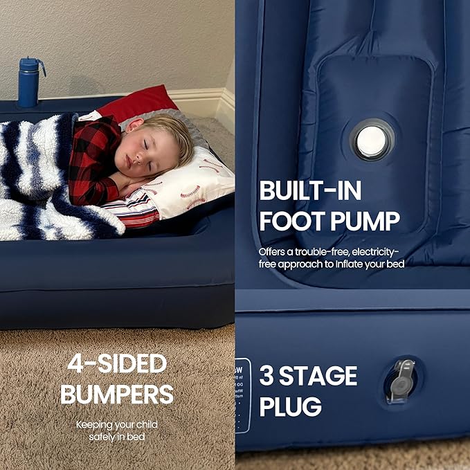 Toddler Travel Bed – Portable Nylon Toddlers Bed with 4-Sided Bumpers – Inflatable Toddler Travel Bed for Camping, Sleepovers – Kids Air Mattress with Built-in Foot Pump