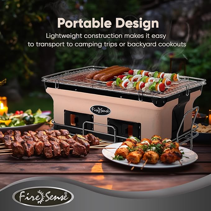 Fire Sense 60450 Yakatori Internal Grates Charcoal Chrome Cooking Grill Japanese Table BBQ Handmade Using Clay Adjustable Ventilation For Outdoor Barbecues Camping Traveling - Large - Tan