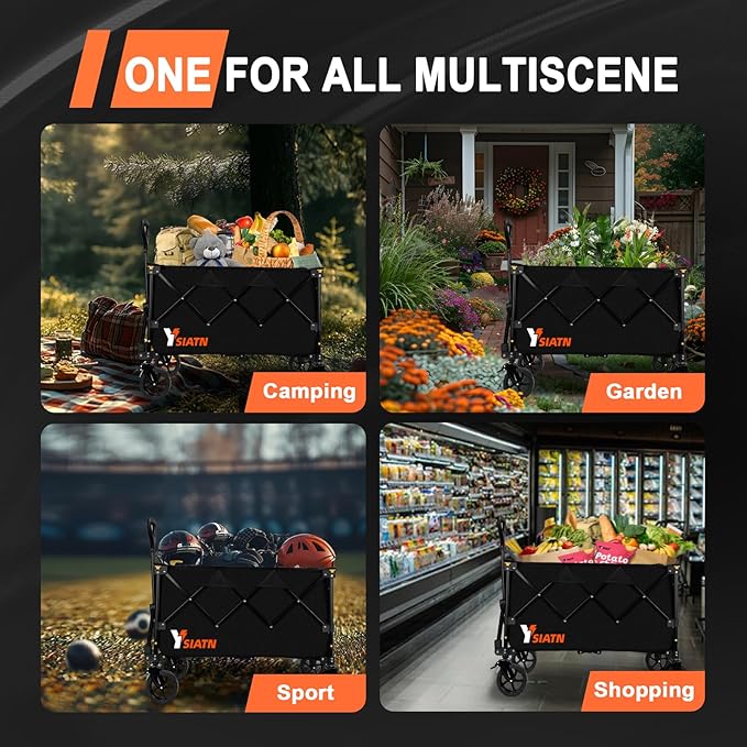Collapsible Wagon Cart with Wheels Foldable, Folding Wagon Cart with All Terrain Wheels, Large Grocery Carts On Wheels, Heavy Duty Utility Wagons for Shopping Beach Sports Fishing Camping, 150L, Black