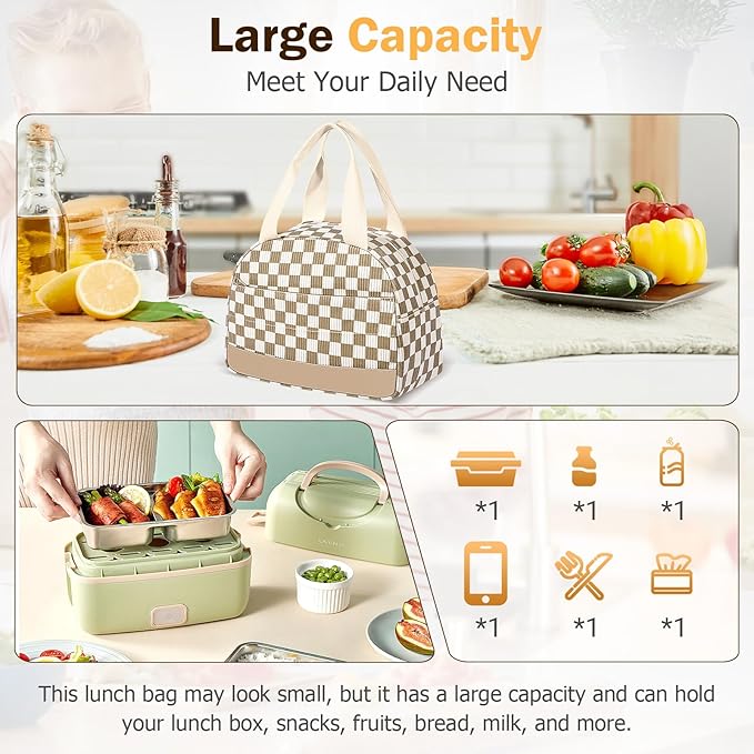 Lunch Box Lunch Bag for Women Men, Leakproof, Insulated Lunch Box Tote with Large Capacity, Lunch Container for Work/Office (Corduroy Khaki Grid)