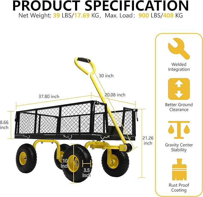 Steel Garden Cart, 2-in-1 Heavy Duty Utility Wagon 900 LBS Capacity Carts with Removable Mesh Sides to Convert into Flatbed, 240° U-Turn 10" Pneumatic Tires Garden Wagon for Lawn Camping Farm Yard