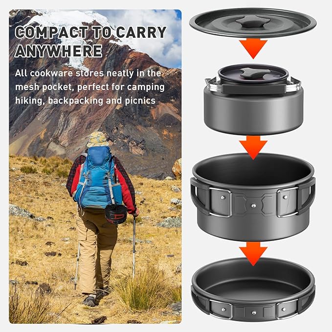 Camping Cookware Camping Cooking Set, Non-Stick Pots and Pans with Stove and Kettle, 2 Stainless Steel Plates, 2 Water Cups, 2 Sets of Knives and Forks, Spatula, Dish Towel, Backpack Storage Bag