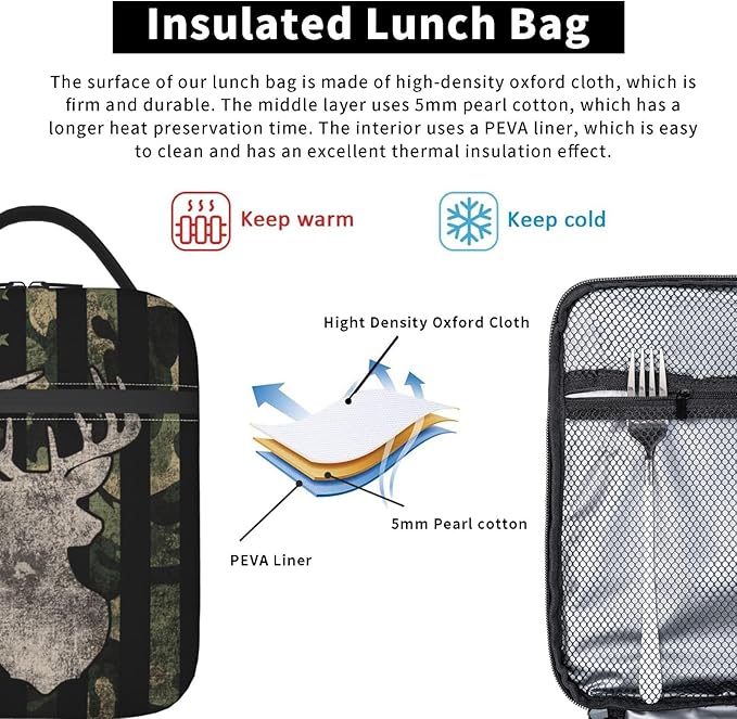 Camouflage Hunting Tactical Deer Camo American Flag Lunch Box Insulated Lunch Bag for Kids Boys Girls, Portable Kids Lunch Box Reusable Cooler Totes for School Work Picnic