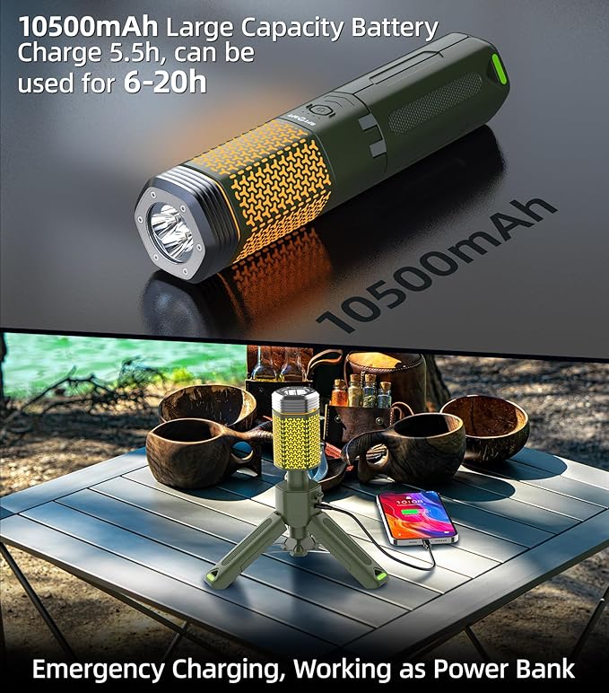 Camping Light Telescopic Camper Lantern Rechargeable 10500mAh Battery Built-in Magnetic Camp Lamp for Emergency, Camping, Hiking (Army Green)
