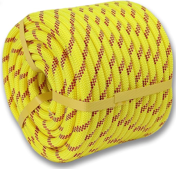 Double Braided Arborist Rope (1/2 in x 150 ft) Polyester Rope Bull Rope 48 Strands for Tree Work Climbing Pulling Swing Sailing, Fluorescent Yellow/Red