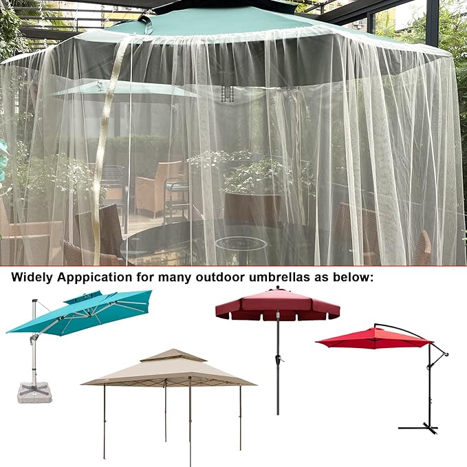 7.5-11ft Beige Patio Umbrella Mosquito Netting, with Double Zipper Door, Polyester Mesh Net Screen Universal for Almost Outdoor Market Table Umbrellas & Cantilever Offset Hanging Umbrella w/Tilt