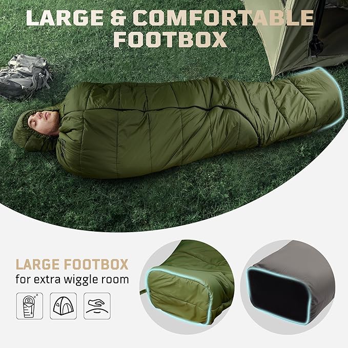 Sleeping Bag for Adults, Warm Weather Camping Mummy Sleeping Bags (25-36℉) with Adjustable Hood, Phone Pocket & Compression Sack for Hiking Travel Hunting