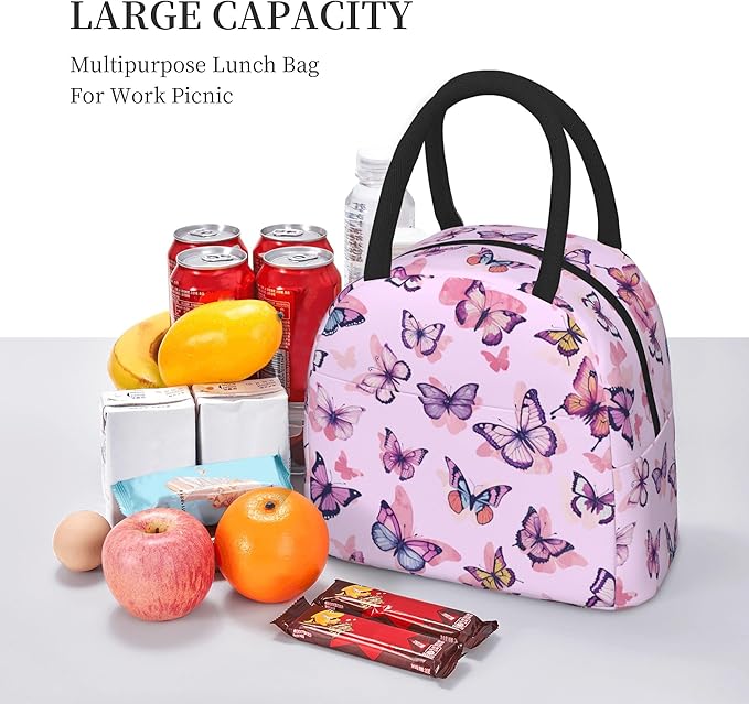 Pink Butterfly Lunch Bag Lunch Box for Women Men Boys Girls, Reusable Insulated Lunch Tote Bag, Leakproof Thermal Cooler Sack Food Handbags High Capacity for Work School Picnic Camping Gifts