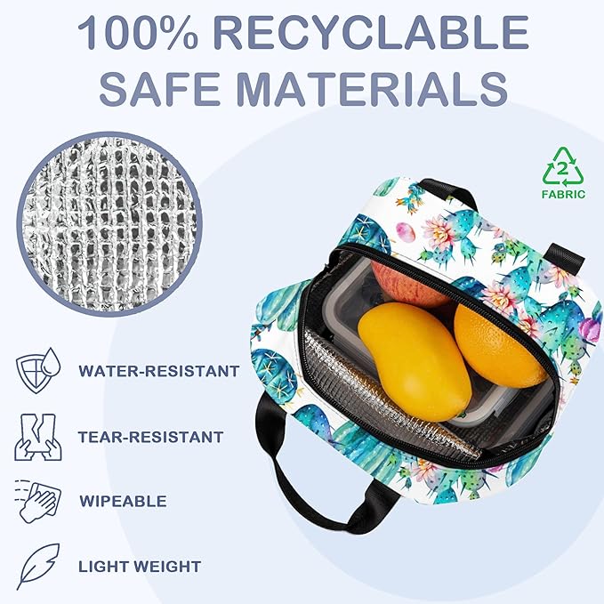 Insulated Lunch Bag,Watercolor Blooming Cactus Lunch Box for School Student Kids Boys Girls,Leakproof Small Lunch Tote for Adult Men Women,Reusable Lunch Cooler Tote Bag for Office Work Picnic
