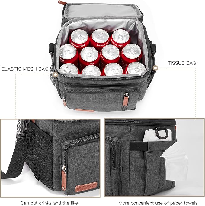 Men's Double/Women's Compartment Lunch bag, Insulated Lunch Cooler Tote 2 Roomy Large Reusable Water-resistant Lunch box (black)