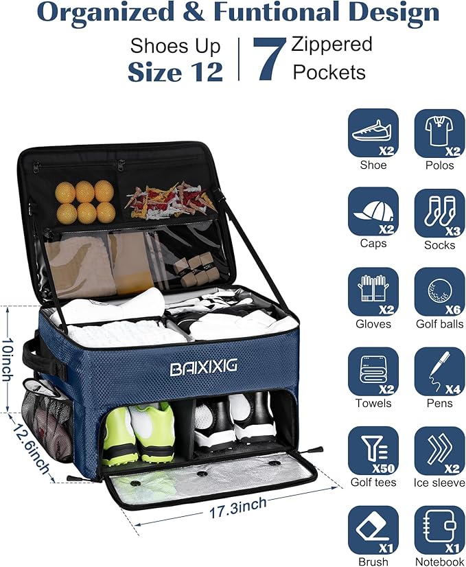 Golf Trunk Organizer, 2 Layer Waterproof Car Golf Locker with Separate Ventilated Compartment for 2 Pair Shoes, Golf Trunk Storage for Golf Accessories, Golf Gifts for Men