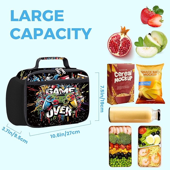 RLGPBON Kids Lunch Bag,Insulated Lunch Box for Girls Boys,Game Lunch Bag Toddler Teen,School Daycare Cute Travel bags