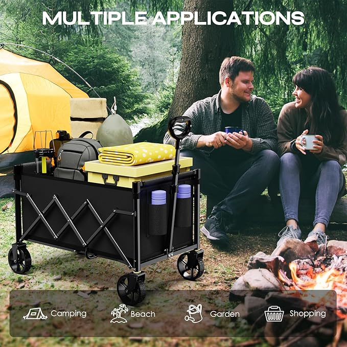 Collapsible Wagon Cart Foldable with 220lbs Weight Capacity, Lightweight Portable Folding Utility Grocery Shopping Cart with Wheels for Camping Sports Beach and Shopping