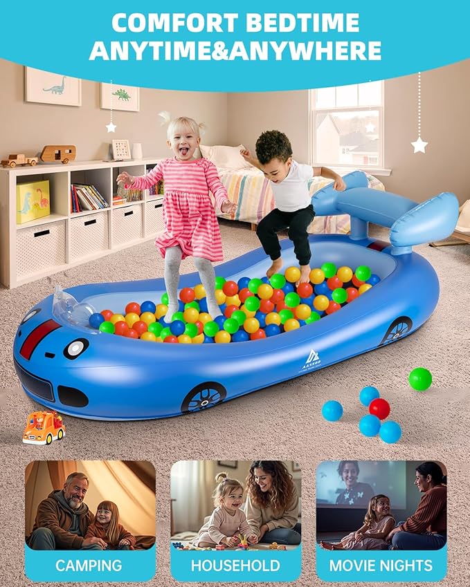 Inflatable Kids Travel Bed with Avocado Hugging Pillow, Lightweight Portable Raised Sides Racecar Toddler Air Mattress, Kids Blow Up Mattress for Home, Hotel, Camping Use, 300 lbs Max