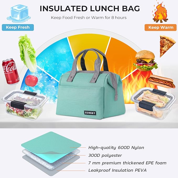 ECHSRT Large Insulated Lunch Bag for Women Men Leakproof Cooler Lunch Tote Bags for Work Travel Adult Thermal Lunchbox for Office -10L Mint Green